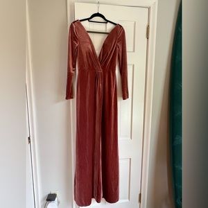 Jenny Yoo Ryland V-Neck Long-Sleeve Open-Back Stretch Velvet Gown